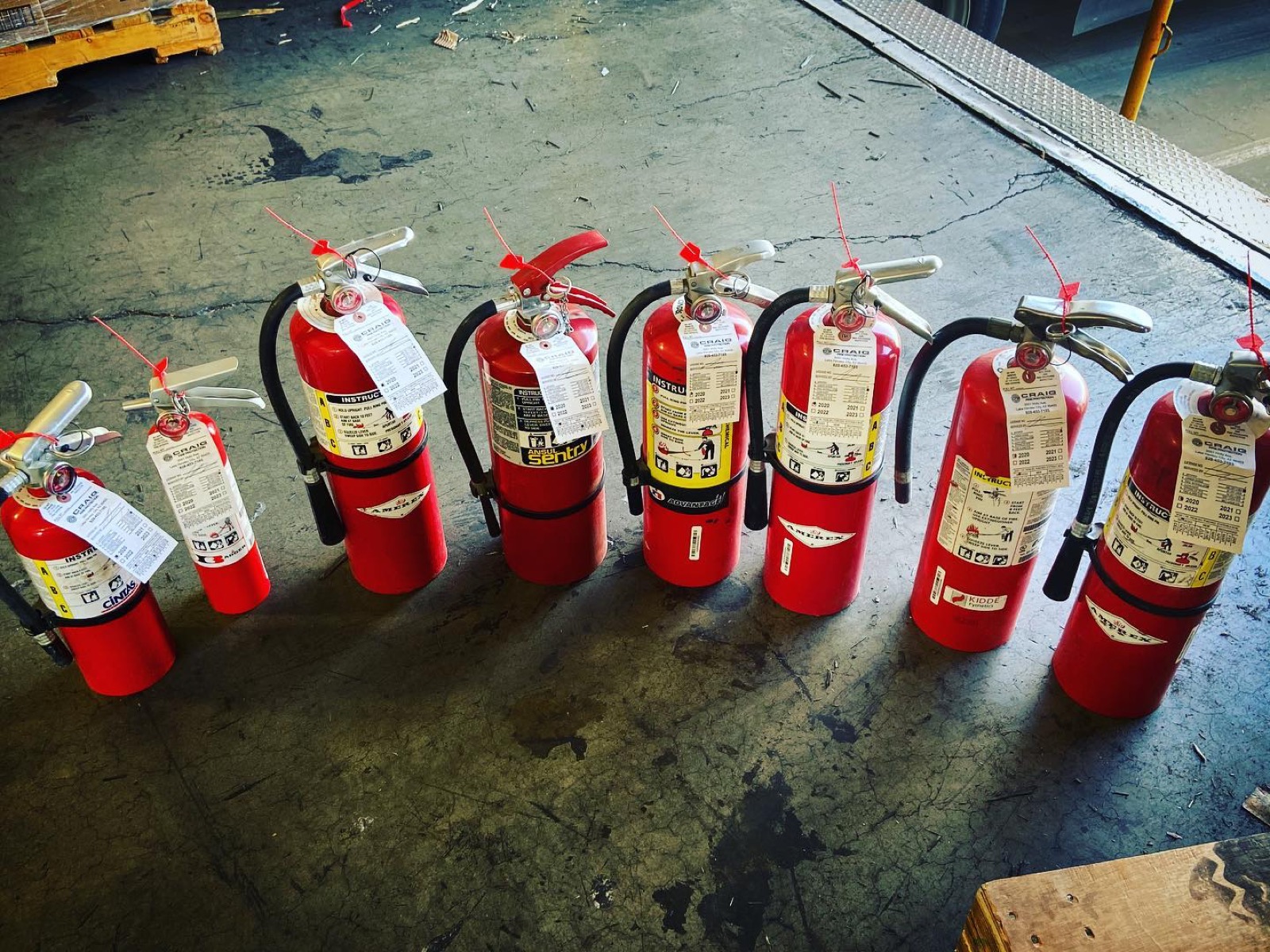 Row of tagged and serviced fire extinguishers